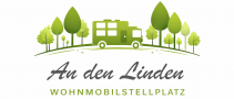 Gr&uuml;nes Logo eines Wohnmobils zwischen B&auml;umen mit dem Schriftzug &bdquo;An den Linden &ndash; Wohnmobilstellplatz&ldquo;.